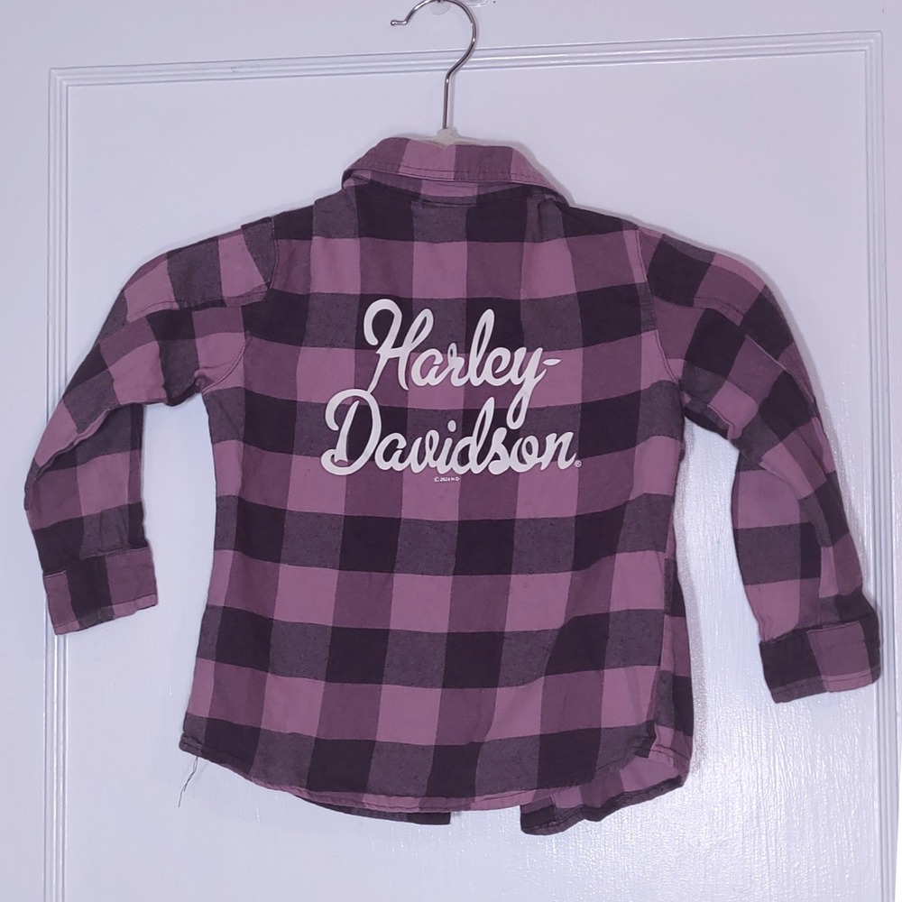 Harley-Davidson Kids Purple Black Buffalo Plaid Flannel Button Down Shirt 4/5 - Picture 2 of 5